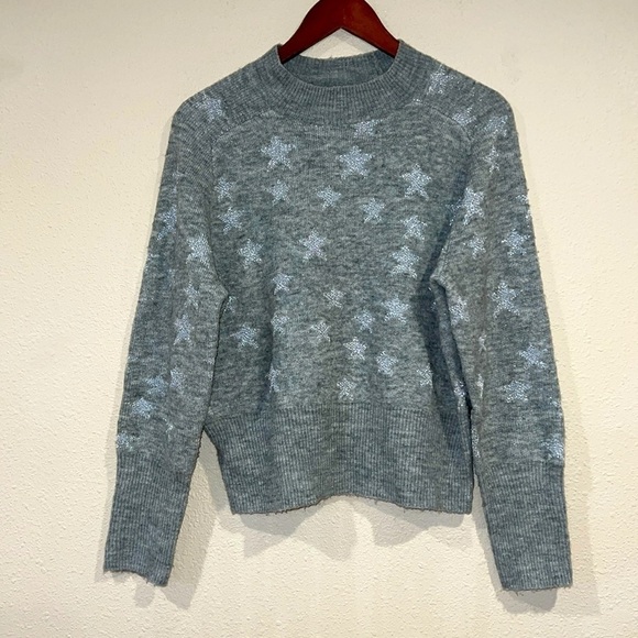 ANN TAYLOR Gray Silver Metallic Star graphic Shimmer Mock Neck Sweater Top sz S - Picture 1 of 6